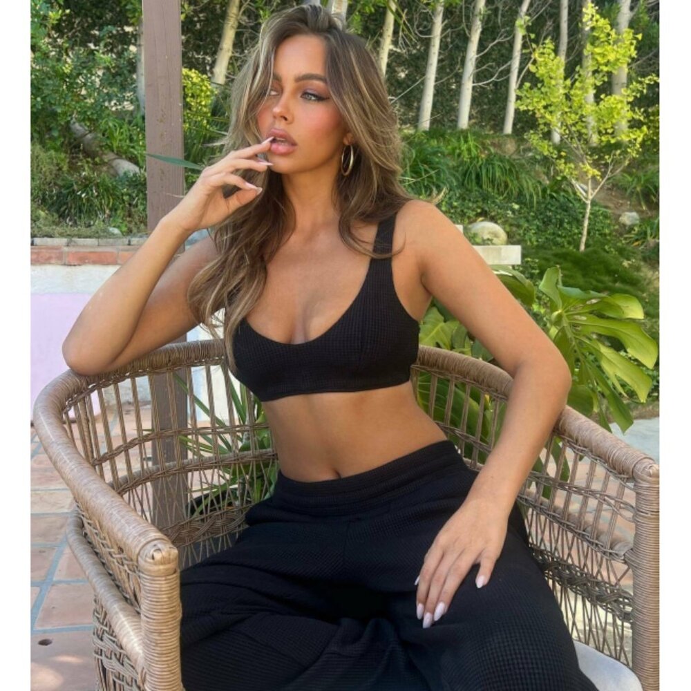 Alo Waffle Weekend Escape Joggers Black High-Rise Waist Thermal Sweats Sweatpant - Picture 7 of 12
